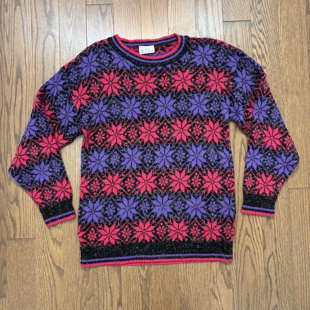Vintage 90s Knit Sweater Aztec Snowflake Pattern Women's L Red Purple USA Made